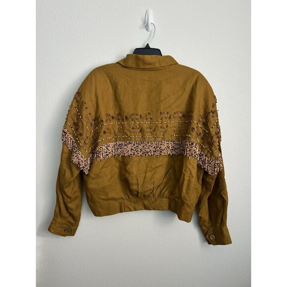 VTG Linen Beaded Cropped Oversized Jacket Mustard ButtonUp Cowgirl Boho Western - Picture 5 of 15